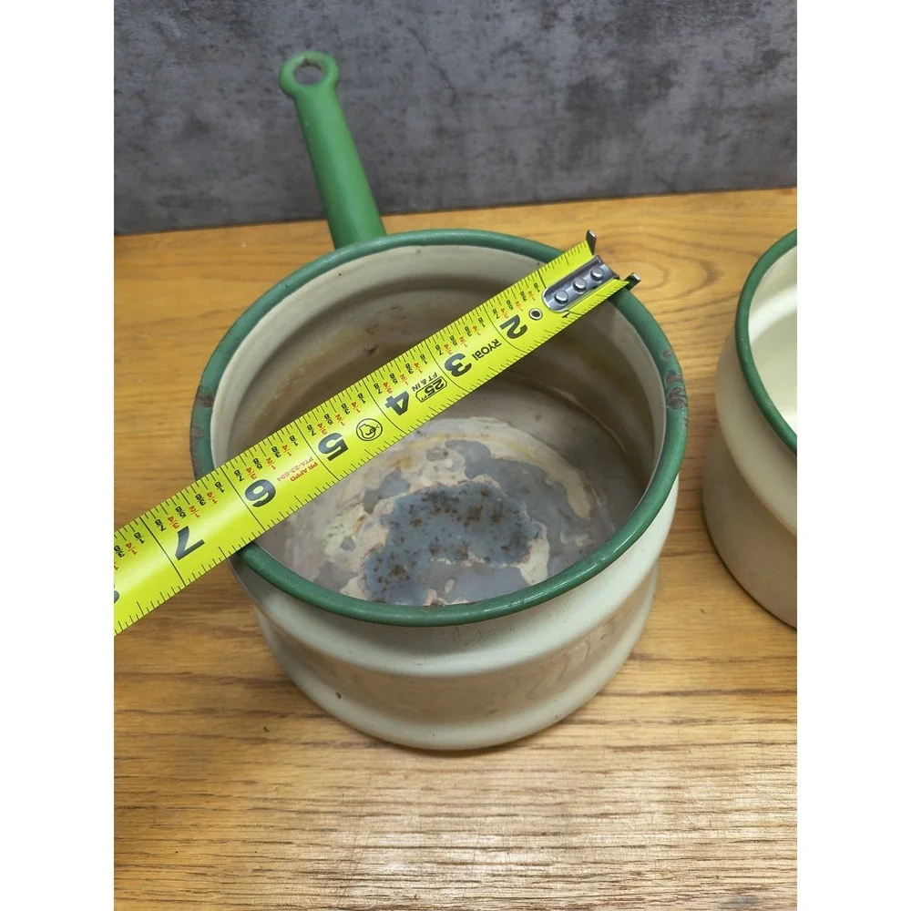 Vintage Enamelware Double‎ Boiler Cream Green Trim Circa 1930's - 40's Lid 3 Pcs